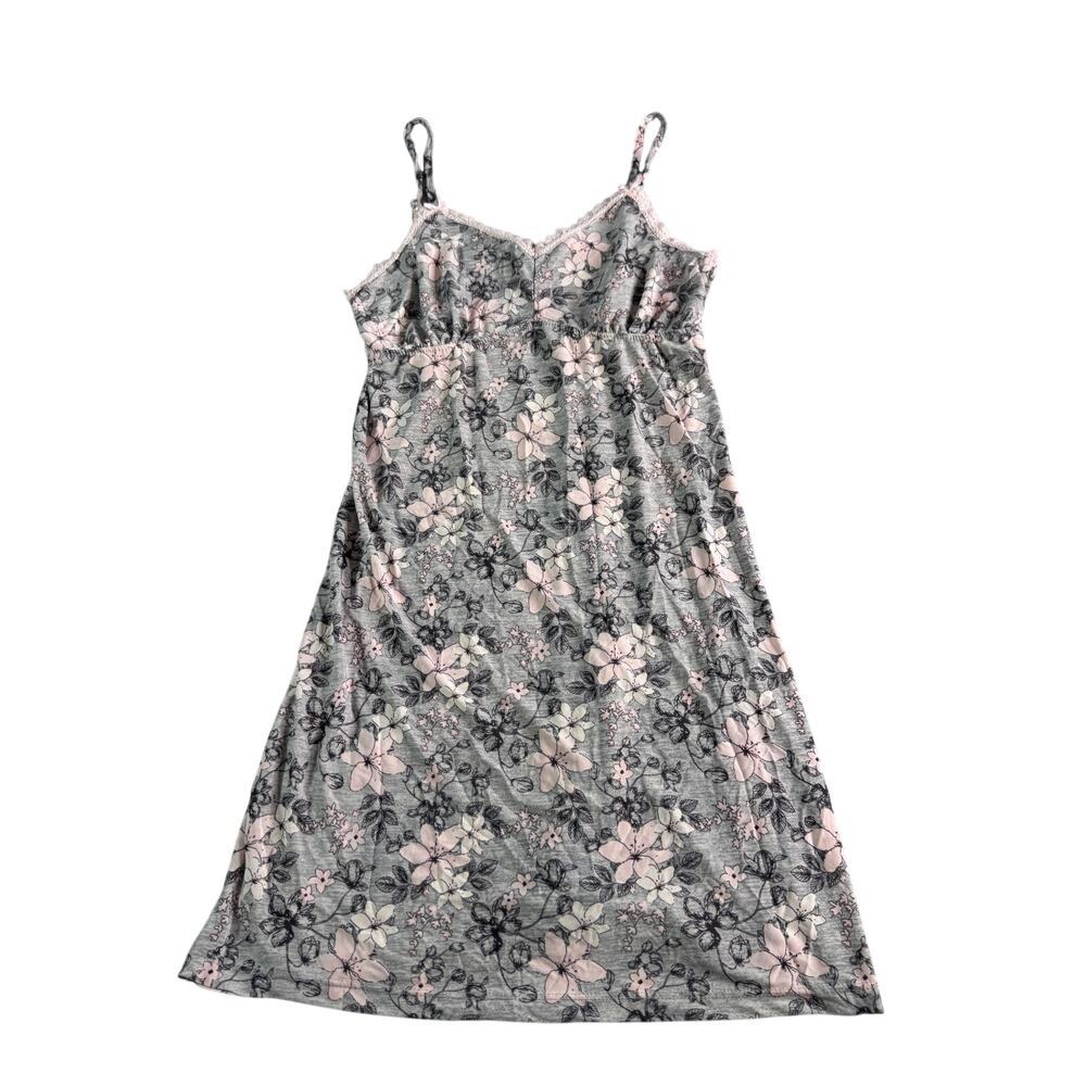 René Rofé Floral Sleep Chemise Nightgown Pink Gray Lace Trim Size Medium